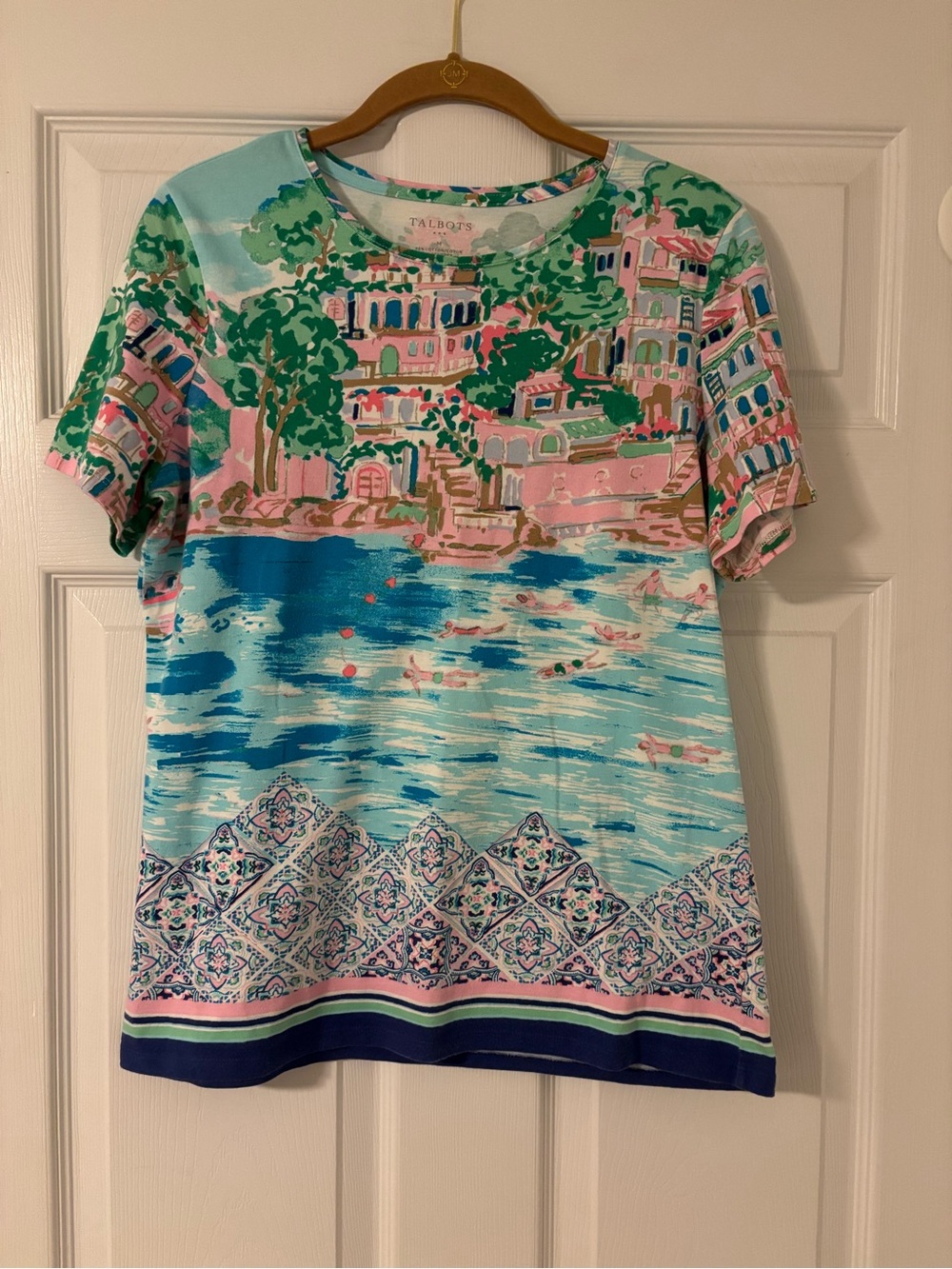Talbots Destination Print Short Sleeve Top Italian  Theme Blue/Multi Women’s Med